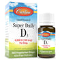 A box and bottle of Carlson Labs Super Daily D3, 4,000 IU (100 mcg) per drop, 365 vegetarian drops, 0.35 fl oz (10.3 mL), with a blue and green design for daily vitamin D support.