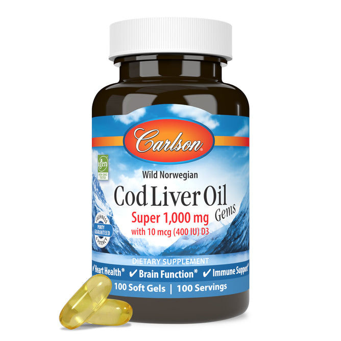 A bottle of Carlson Labs Cod Liver Oil Gems dietary supplement with 100 soft gels. The label notes 1,000 mg strength, omega-3s, vitamin D3, and support for heart, brain, and immune health. Two yellow soft gels are visible.