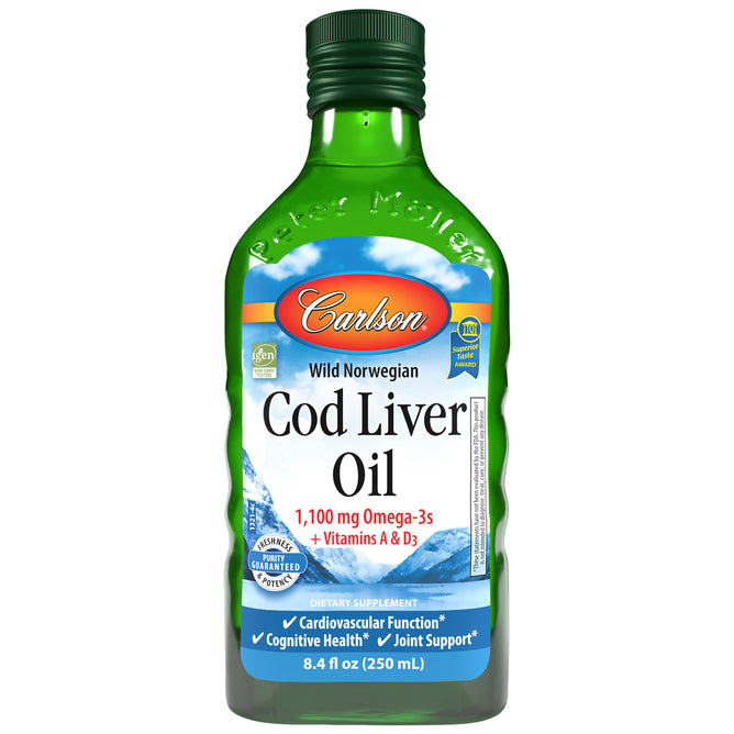 An 8.4 fl oz (250 mL) green bottle of Carlson Labs Cod Liver Oil features labels showing 1,100 mg omega-3s, vitamins A & D3, and supports heart, brain, and joint health.
