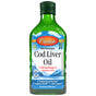 An 8.4 fl oz (250 mL) green bottle of Carlson Labs Cod Liver Oil features labels showing 1,100 mg omega-3s, vitamins A & D3, and supports heart, brain, and joint health.