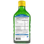 The back of a green Carlson Labs Cod Liver Oil bottle features omega-3 content, Supplement Facts, ingredients, and nutrition info in a white-and-blue box—all text in English.