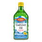 A 16.9 fl oz (500 mL) green bottle of Carlson Labs Cod Liver Oil, made from Arctic cod, features a yellow cap and highlights omega-3s, vitamins A & D3, plus natural lemon flavor on the label.