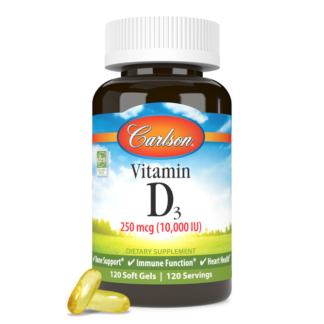 A bottle of Carlson Labs Vitamin D3 (250 mcg, 10,000 IU) dietary supplement with 120 soft gels is shown on a white background with two yellow soft gels in front, formulated for bone health and immune support.