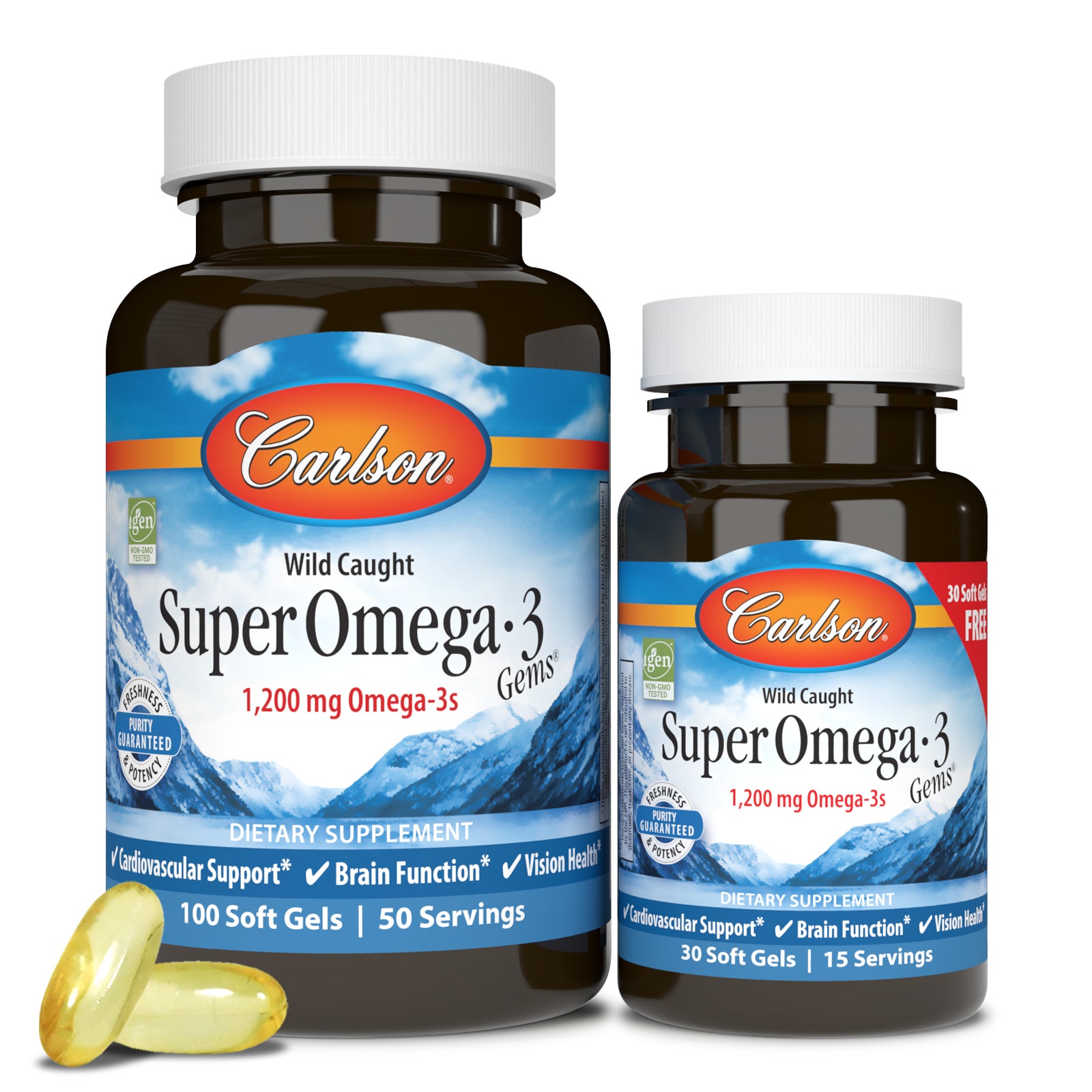 Two bottles of Carlson Labs Super Omega 3 Gems are side by side with two yellow softgel capsules in front, featuring labels that highlight EPA and DHA omega-3s and support for brain, vision, and heart health.