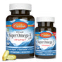 Two bottles of Carlson Labs Super Omega 3 Gems are side by side with two yellow softgel capsules in front, featuring labels that highlight EPA and DHA omega-3s and support for brain, vision, and heart health.