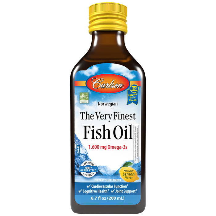 A 6.7 fl oz (200 mL) bottle of Carlson Labs The Very Finest Fish Oil, Lemon Flavor, provides 1,600 mg omega-3s per serving and supports heart, brain, and joint health.