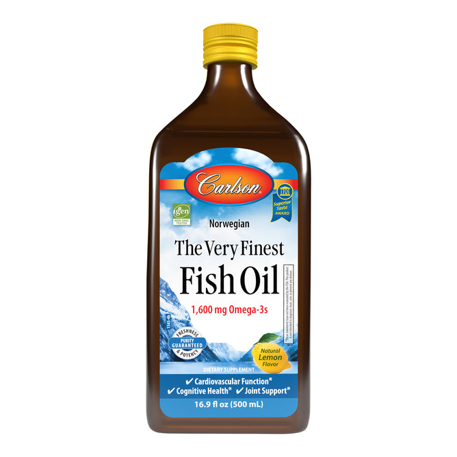A 16.9 fl oz (500 ml) brown plastic bottle of Carlson Labs The Very Finest Fish Oil, featuring 1,600 mg omega-3s (EPA & DHA), natural lemon flavor, and blue, white, and green accents.