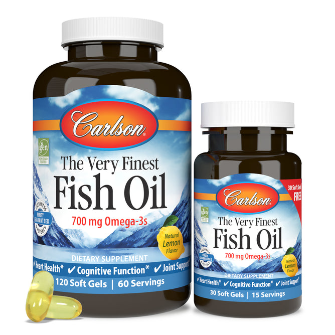 Two bottles of Carlson Labs The Very Finest Fish Oil Softgel, one large and one small, are displayed with three yellow capsules in front. Labels highlight 700 mg omega-3s, including EPA and DHA, for multiple health benefits.