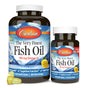 Two bottles of Carlson Labs The Very Finest Fish Oil Softgel, one large and one small, are displayed with three yellow capsules in front. Labels highlight 700 mg omega-3s, including EPA and DHA, for multiple health benefits.