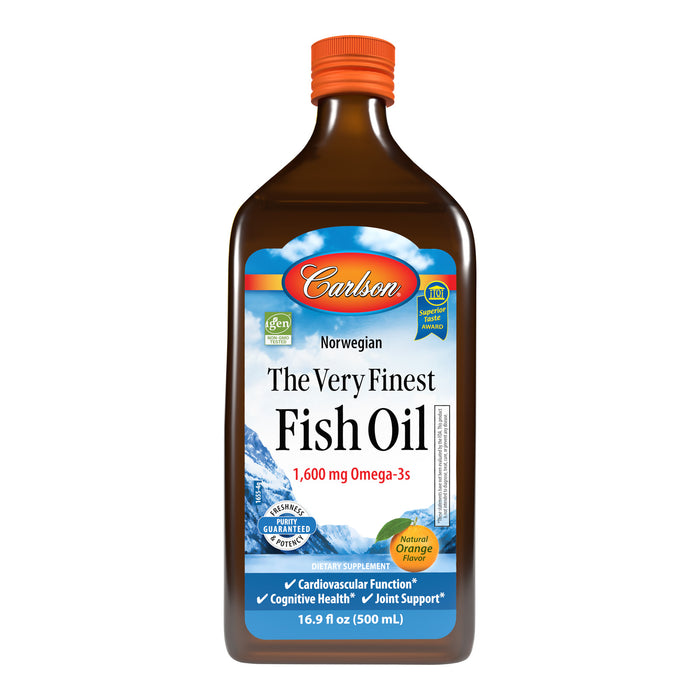 A brown bottle labeled Carlson Labs The Very Finest Fish Oil with 1,600 mg omega-3s (EPA & DHA), natural orange flavor, for heart, brain & joint support; 16.9 fl oz (500 mL).