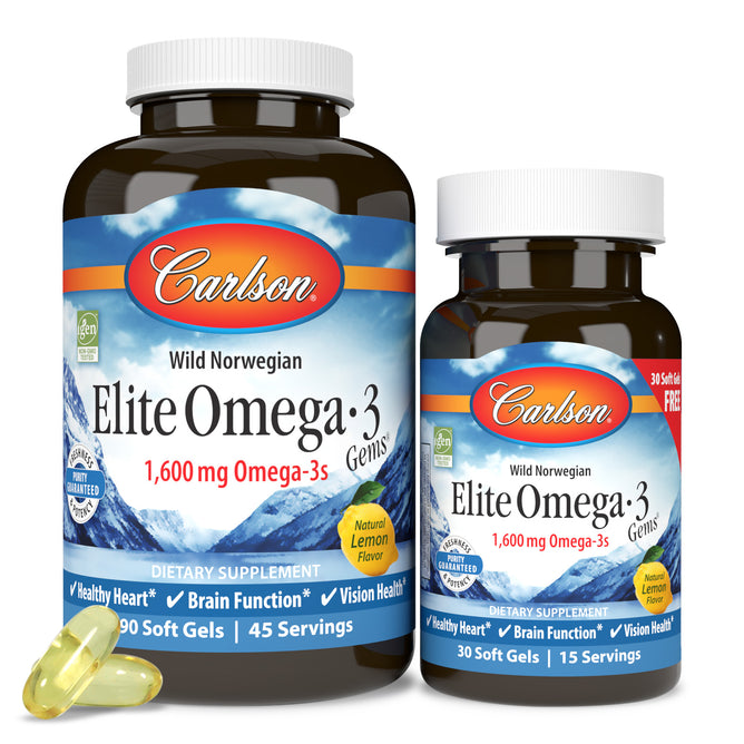 Two bottles of Carlson Labs Elite Omega 3 Gems dietary supplements, one large and one small, are shown with two yellow soft gels in front. Labels highlight heart, brain, and vision support from pure omega-3 fish oil with EPA & DHA.