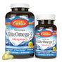 Two bottles of Carlson Labs Elite Omega 3 Gems dietary supplements, one large and one small, are shown with two yellow soft gels in front. Labels highlight heart, brain, and vision support from pure omega-3 fish oil with EPA & DHA.