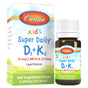 A box and bottle of Carlson Labs Kids Super Daily D3 K2 liquid vitamins with 25 mcg (1,000 IU) D3, 22.5 mcg K2 (MK-7), and 360 vegetarian drops per 0.34 fl oz (10.16 mL) container, supporting bone health.