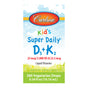 Front label of a Carlson Labs Kids Super Daily D3 K2 box shows 360 vegetarian drops, dosage details, and a bright, child-friendly design with sky and grass to support bone health with vitamins D3 and K2 MK-7.