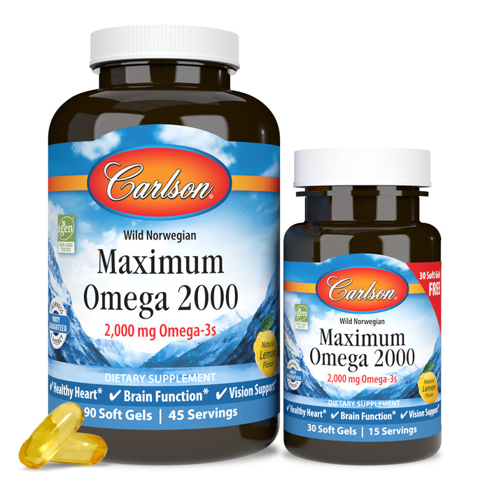 Two bottles of Carlson Labs Maximum Omega 2000 are shown, featuring softgels with 2,000 mg EPA/DHA per serving to support heart, brain, vision, and overall vitality.
