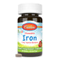 A bottle of Carlson Labs Kids Chewable Iron, 15 mg strawberry flavor tablets (30 count), features a white cap, colorful label, and highlights healthy blood and superior absorption for kids. One tablet sits beside the bottle.