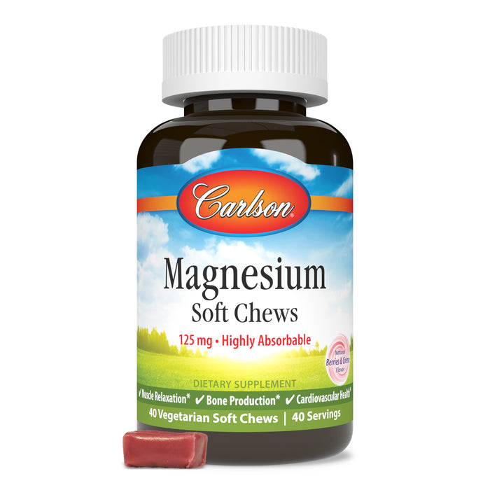 A bottle of Carlson Labs Magnesium Soft Chews features 40 vegetarian chews with magnesium citrate for high absorption and cardiovascular support. A single reddish chew is displayed in front of the bottle.