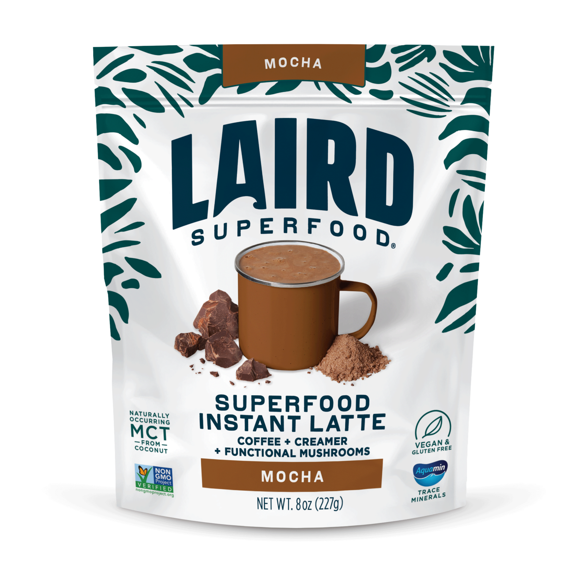 A package of Laird Superfood Mocha Instant Latte features freeze-dried premium coffee, images of a mug, cocoa powder, and chocolate pieces, with green leaf designs on the packaging. Vegan and gluten-free benefits are highlighted.