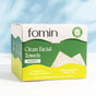 A box of Fomin Clean Facial Towels Bamboo—eco-friendly, anti-microbial, gentle for sensitive skin, and helps reduce acne for clearer skin. Packaging features a white and green design.
