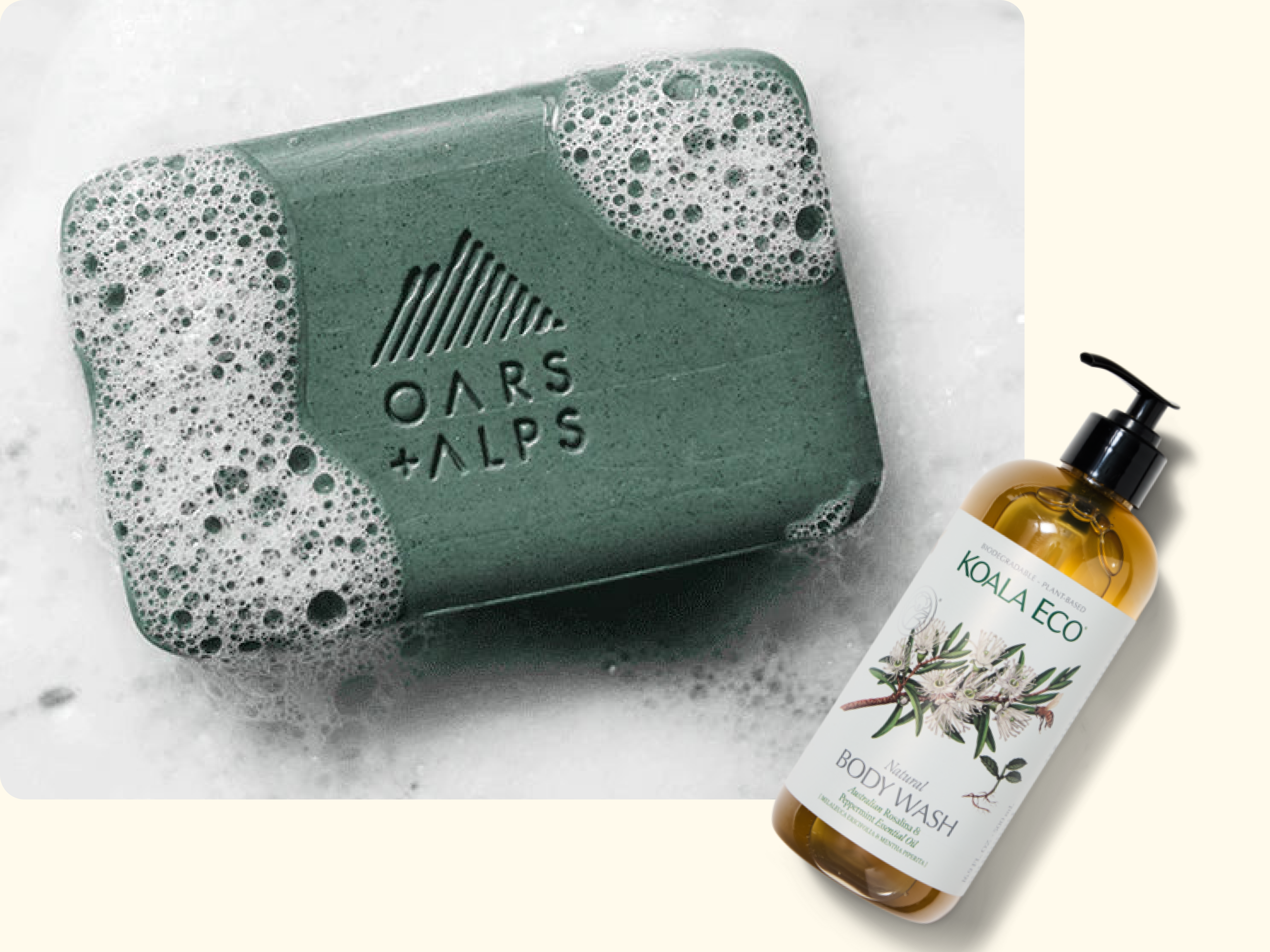 A green Oars + Alps soap bar with bubbles rests next to a clear bottle of Koala Eco body wash with a botanical label and a black pump.