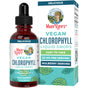 A bottle and box of MaryRuth's Vegan Liquid Chlorophyll Drops, peppermint flavor, featuring a retro-style woman, green leaves, and packaging highlights such as "Easy to Take," "50 mg Per Serving," and "Mulberry-Derived.