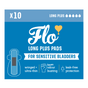 Here We Flo Sensitive Bladder Bamboo Long Plus Pads come in blue packaging with a pad illustration, 10-count, and icons for winged, ultra-thin, odour-neutralising, and leak-free protection.