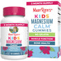 A bottle and box of MaryRuth’s Kids Magnesium Calm Gummies, hibiscus flavor, with labels featuring “2 Month Supply,” “No Gelatin,” “Muscle Function,” “Bone Health,” calm support, and bright floral designs.