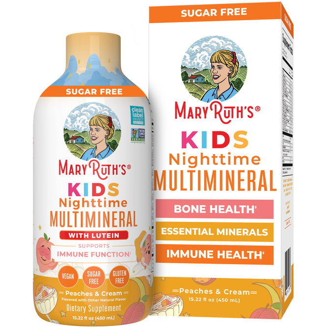 MaryRuth’s Kids Nighttime Multimineral Liquid supports immune function* and features playful peaches and a child’s face on the packaging.