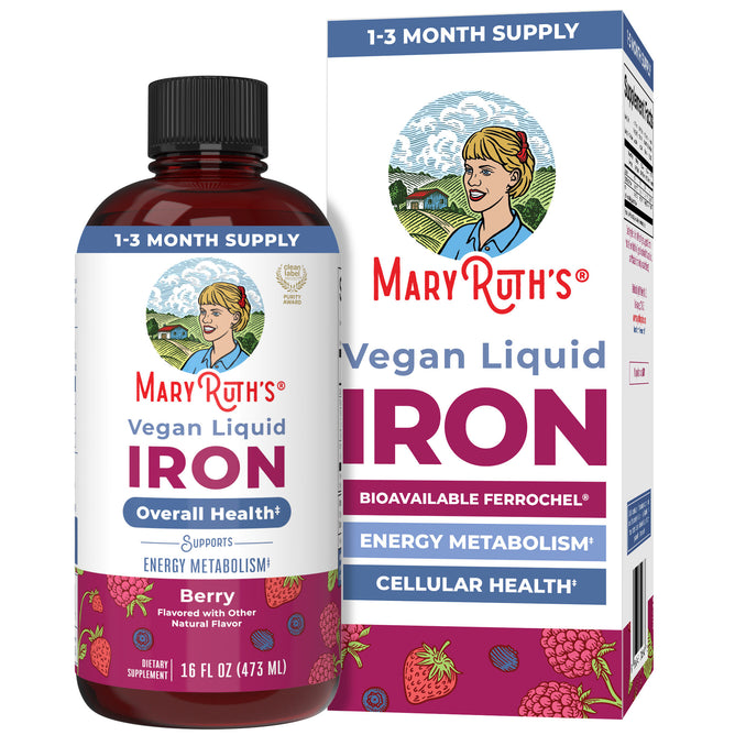 A bottle and box of MaryRuth's Vegan Liquid Iron, a berry-flavored supplement featuring highly absorbable Ferrochel® iron for overall health, energy metabolism, and cellular health, with packaging displaying a woman’s illustration and vibrant fruit graphics.