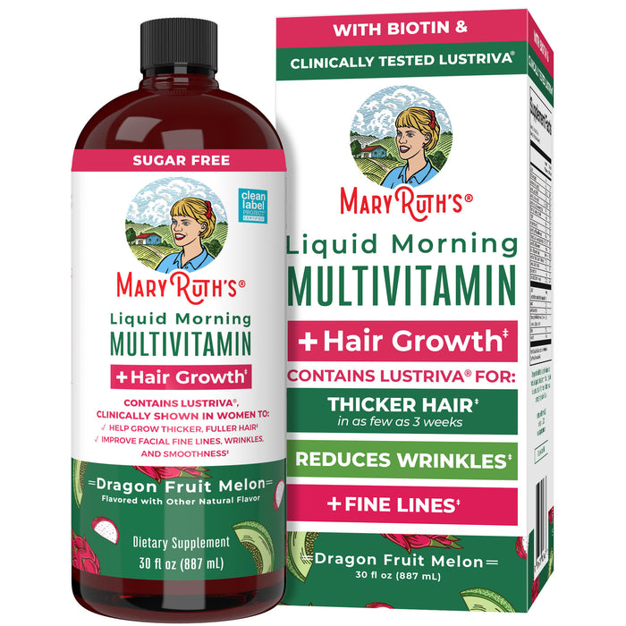 A bottle and box of MaryRuth’s Morning Multivitamin + Hair Growth Liquid in Dragon Fruit Melon flavor, a sugar-free supplement supporting hair growth, thicker hair, and reduced wrinkles and fine lines.