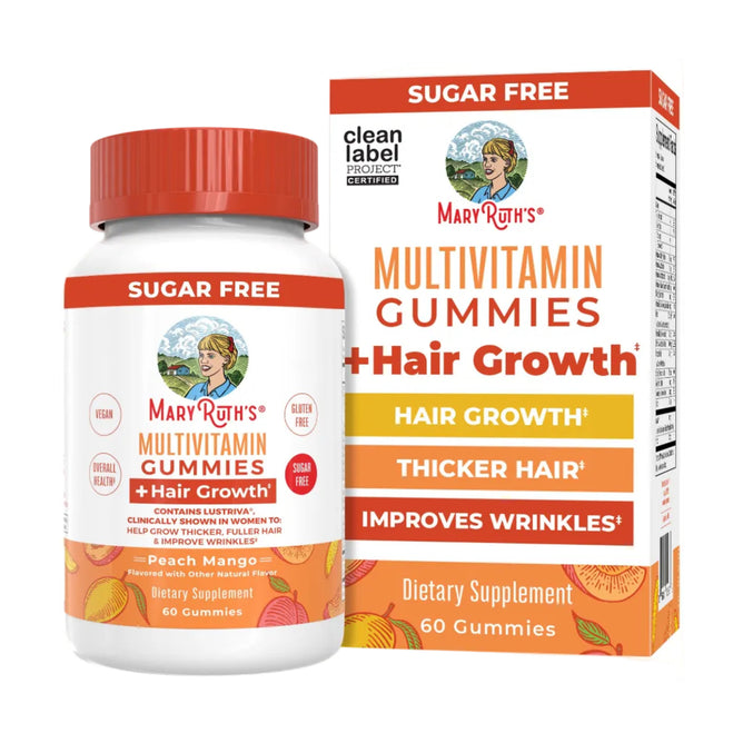 A bottle and box of MaryRuth's Multivitamin + Hair Growth Gummies, Peach Mango flavor, with labels noting benefits like thicker hair, better skin health, reduced wrinkles, and being vegan and gluten free.