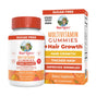 A bottle and box of MaryRuth's Multivitamin + Hair Growth Gummies, Peach Mango flavor, with labels noting benefits like thicker hair, better skin health, reduced wrinkles, and being vegan and gluten free.