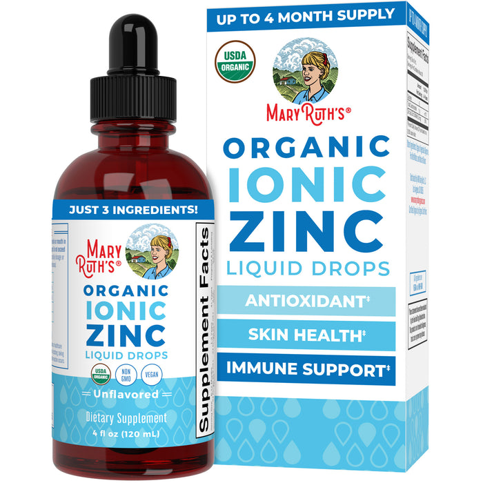 A bottle and box of MaryRuth's Liquid Ionic Zinc, labeled as unflavored, vegan, and USDA organic, promote antioxidant benefits, skin health, and strong immune support.
