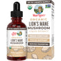 A 1 fl oz bottle and box of MaryRuth's Lion's Mane Drops, with labels emphasizing cognitive health, brain function, focus support, and nervine benefits. USDA Organic and Non-GMO certified.