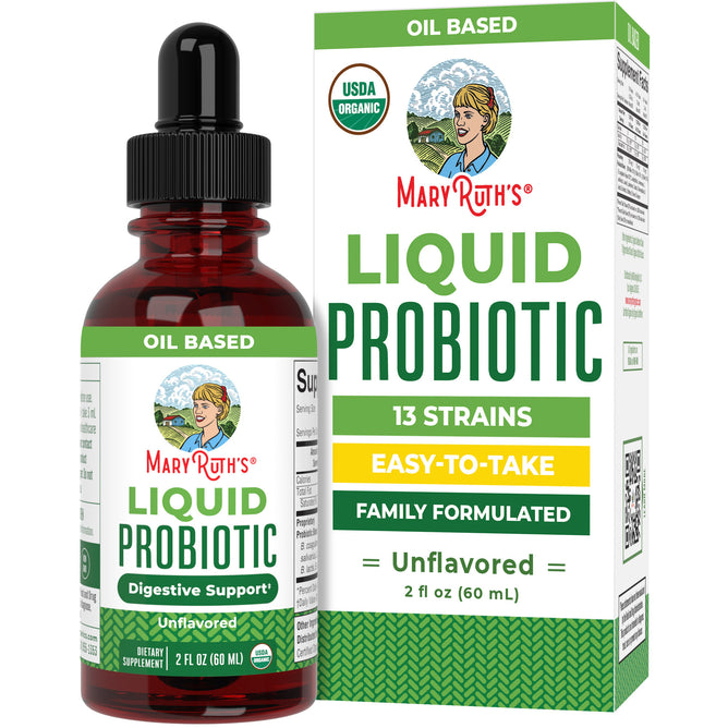 MaryRuth’s Organic Liquid Probiotic Drops, unflavored and oil-based (2 fl oz), come in a bottle and box. Packaging highlights 13 strains for digestive health, easy-to-take formula, gut support, and USDA organic certification.