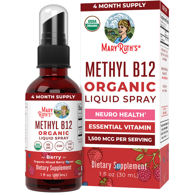 MaryRuth's Methyl B12 Organic Spray, berry flavor, delivers methylcobalamin for neuro health and energy metabolism; USDA organic, 1 fl oz (30 ml), 4-month supply.
