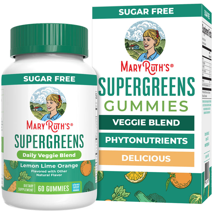 A bottle and box of MaryRuth’s Super Greens Gummies, which are sugar-free lemon-lime quercetin, a vegan bioflavonoid supplement.