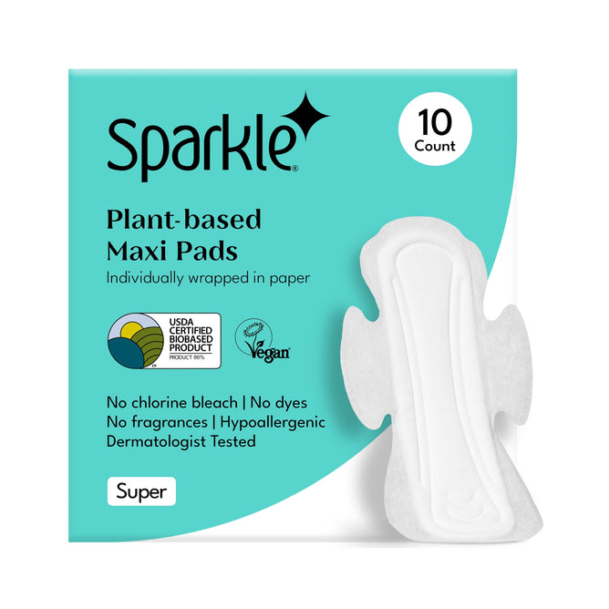 A 10-count box of Sparkle Maxi Pads, With Wings. Features include super absorbency, individually wrapped pads, hypoallergenic comfort, vegan standards, USDA certified biobased materials, and no chlorine bleach, dyes or fragrances.