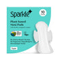 A 10-count box of Sparkle Maxi Pads, With Wings. Features include super absorbency, individually wrapped pads, hypoallergenic comfort, vegan standards, USDA certified biobased materials, and no chlorine bleach, dyes or fragrances.