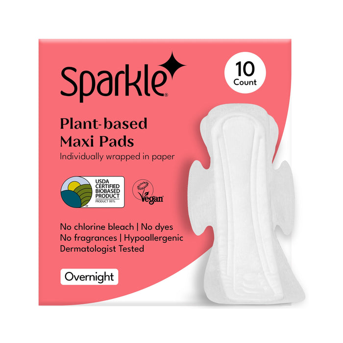 A 10-count package of Sparkle Maxi Pads, With Wings. The vegan, hypoallergenic pads come in USDA biobased packaging and are chlorine bleach-free, dye-free, and fragrance-free.