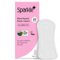 A box of Sparkle Panty Liners, 20 count, with a white liner beside it. The packaging highlights these hypoallergenic liners as incredibly thin, Vegan Approved, and free from chlorine bleach, fragrances, and dyes.