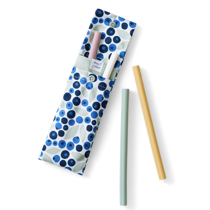 The Esembly Baby Reusable Silicone Sipper Straws 4-pack includes pink, white, green, and yellow straws with an upcycled fabric pouch—stylish and sustainable for sipping on the go.