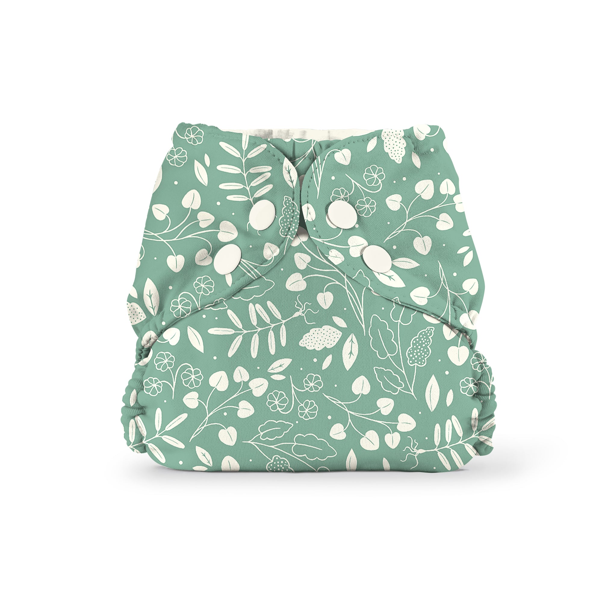 The Esembly Baby Outer Diaper Cover + Swim Diaper, Size 1, in sage green with a white leafy botanical design is made from 100% OEKO-TEX certified recycled fabric and is shown upright against a plain white background.