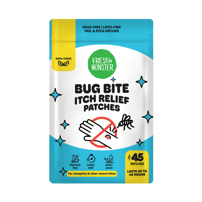 Fresh Monster Bug Bite Itch Relief Patches come in a blue and white bag with a crossed-out mosquito design. Non-toxic with Grid Technology, each package includes 45 patches that provide up to 48 hours of relief from bug and mosquito bites.