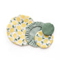 Esembly Baby Reusable Bowl Covers made from Upcycled Materials, 4-Pack, features two lemon-patterned and two solid green machine-washable covers in various sizes, stylishly overlapped on a white background for sustainable food storage.