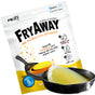 A FryAway Pan Fry Used Cooking Oil Solidifier Powder package and a small skillet with a solidified block of used cooking oil, illustrating FryAway’s plant-based powder for easy, mess-free cooking oil cleanup and disposal.