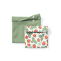 Esembly Baby Reusable Snack & Sammy Food Pouches, 2-pack: includes one solid light green and one white with red strawberry and green leaf pattern—both with folded tops, a landfill-free ziplock alternative for waste-free lunches.