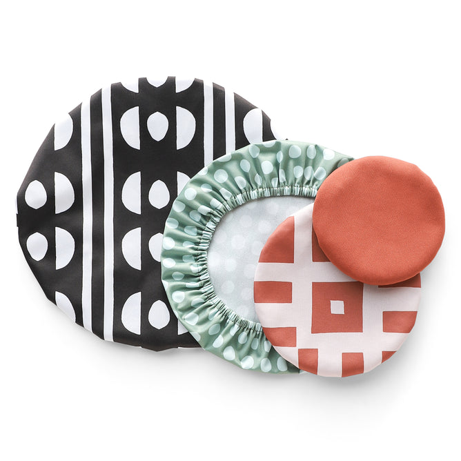 Esembly Baby’s Reusable Bowl Covers made from Upcycled Materials come in a 4-pack of assorted sizes and colors—stylish, sustainable, and machine-washable additions to your eco-friendly kitchen.