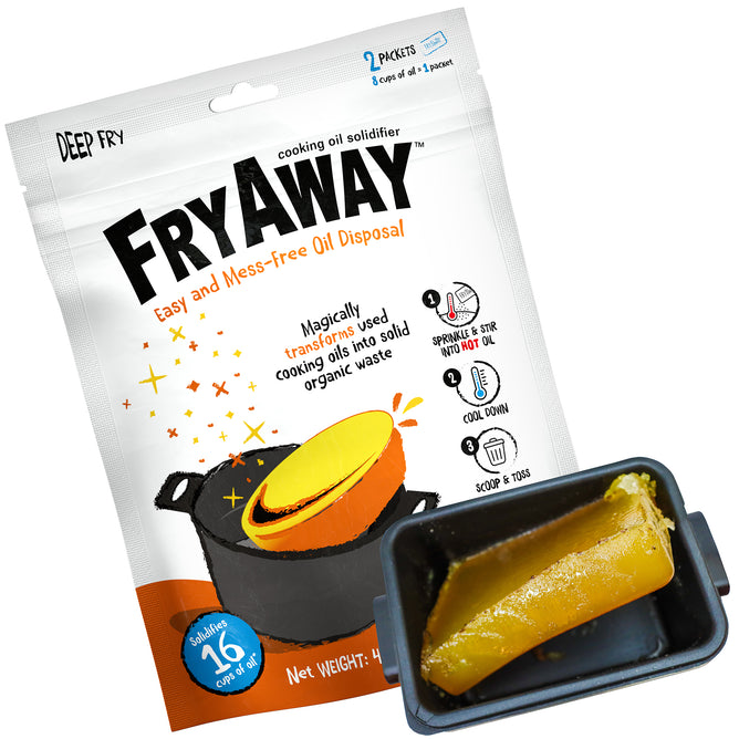 A bag of FryAway Deep Fry Used Cooking Oil Solidifier Powder is displayed beside a small container holding solidified yellow oil. The packaging emphasizes easy, plant-based, and mess-free cleanup and disposal of used cooking oil.
