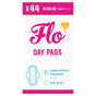 A Here We Flo FLO Organic Bamboo Period Pads Megapack includes 44 regular ultra-absorbent pads, made without fragrance and leak proof. The packaging features blue and pink accents, highlighting the organic bamboo material.